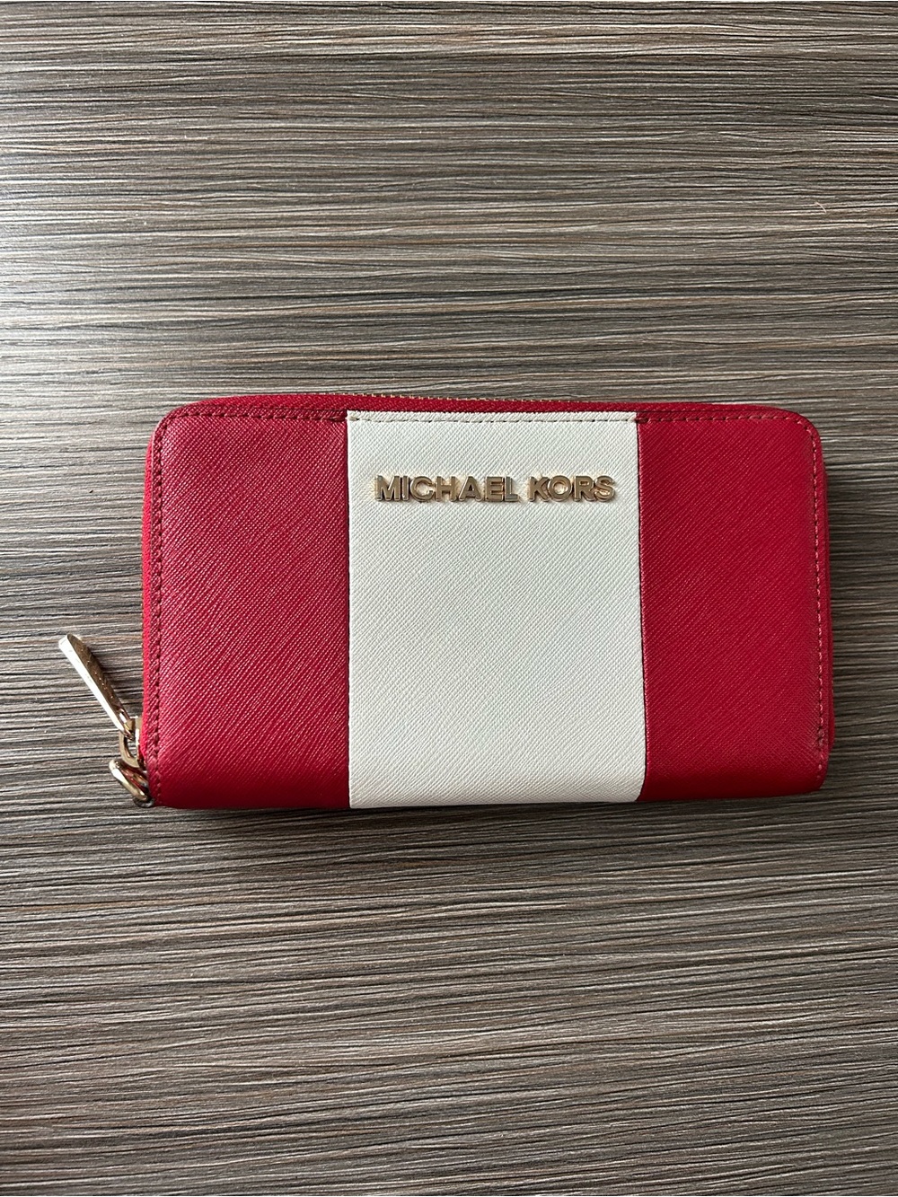 Michael Kors Red & White Center Stripe Leather Zip Around Accordion Wallet
